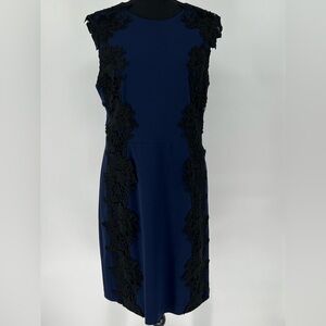 BETSEY JOHNSON NAVY BLUE W/BLACK LACE APPLIQUÉ‎ SHOULDER TO HEM SHEATH DRESS